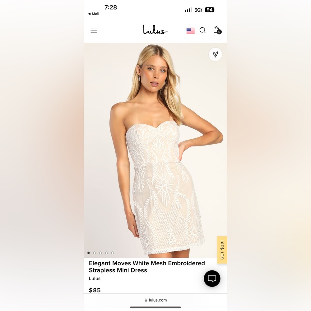 Elegant Moves White Mesh Embroidered Strapless Mini Dress